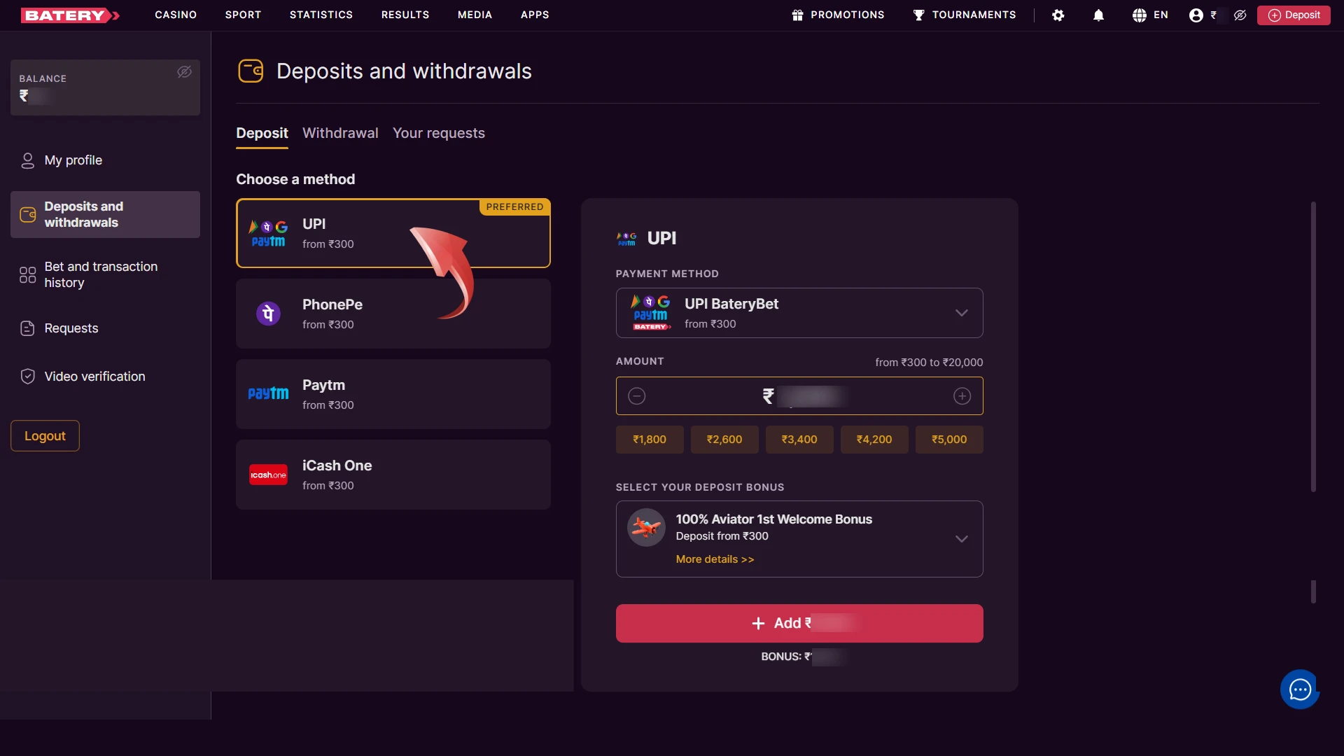 Select the UPI payment method for your Batery Deposit.